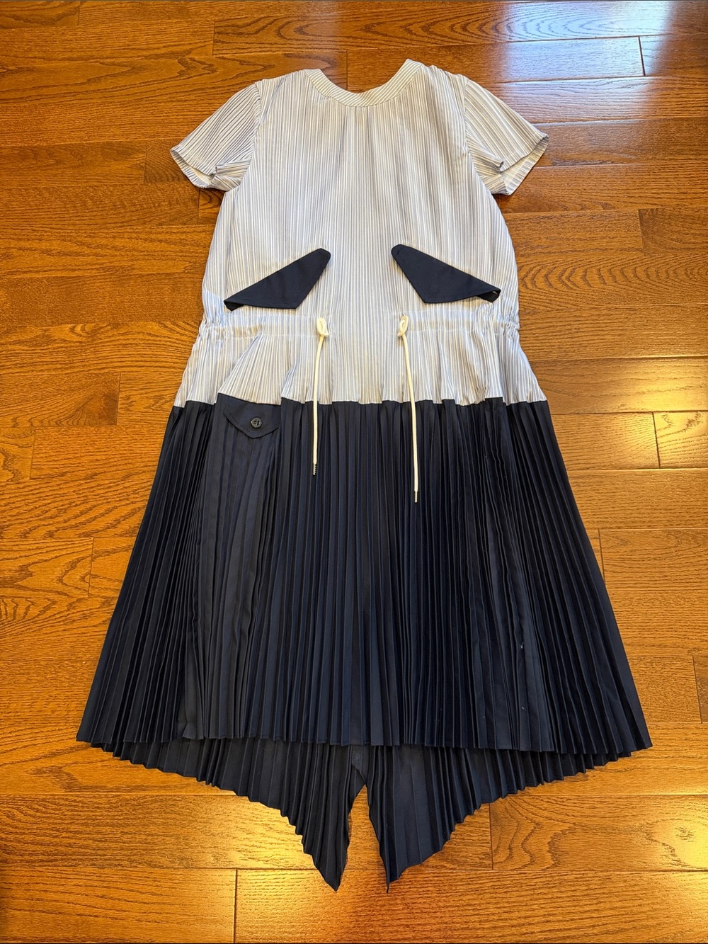 Sacai Navy and White Pleated Dress with Pinstripe Bodice